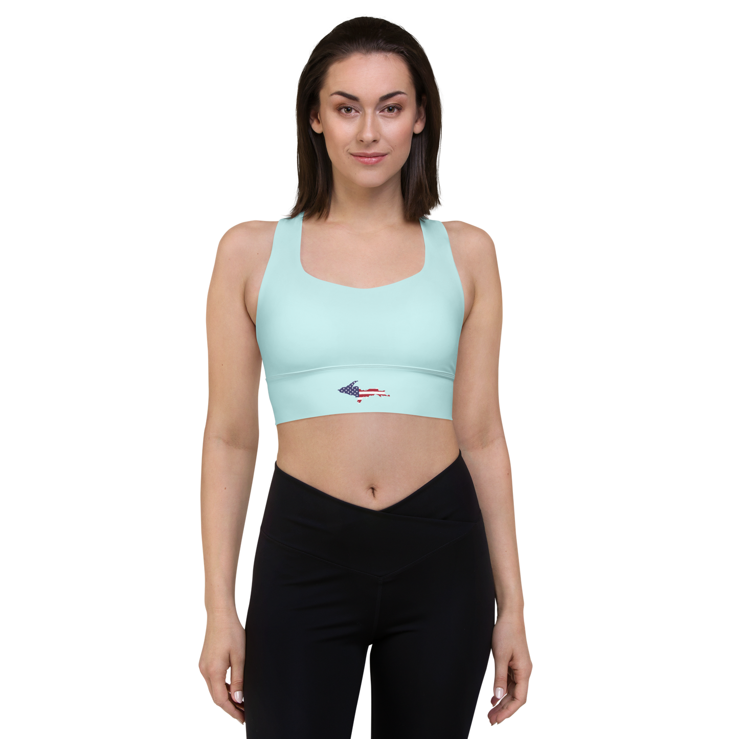 Michigan Upper Peninsula Longline Sports Bra (w/ UP USA Flag) | Cyan