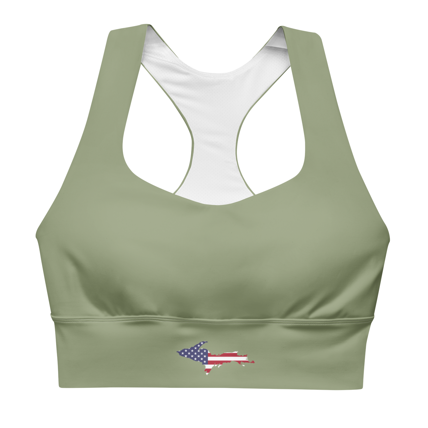 Michigan Upper Peninsula Longline Sports Bra (w/ UP USA Flag) | Beachgrass Green