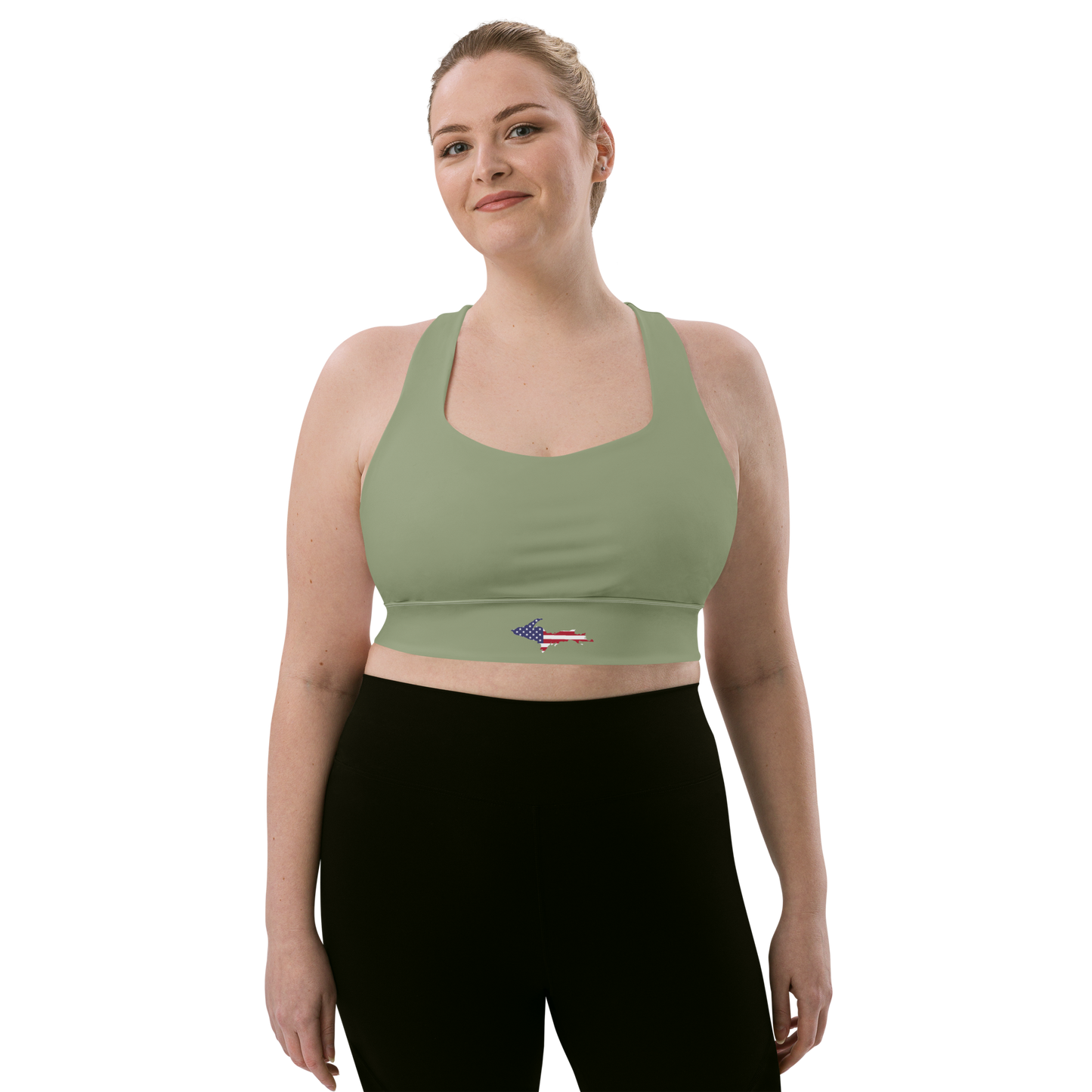 Michigan Upper Peninsula Longline Sports Bra (w/ UP USA Flag) | Beachgrass Green