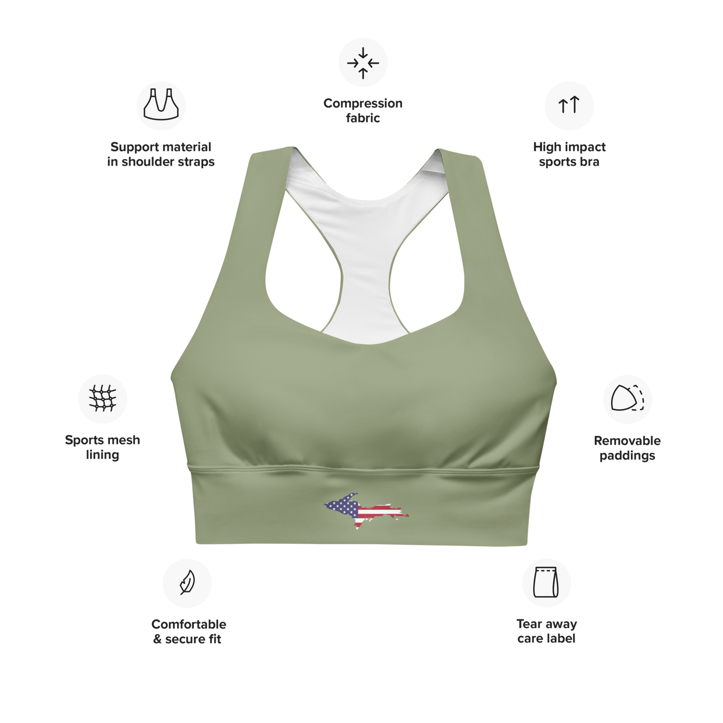 Michigan Upper Peninsula Longline Sports Bra (w/ UP USA Flag) | Beachgrass Green