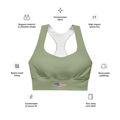 Michigan Upper Peninsula Longline Sports Bra (w/ UP USA Flag) | Beachgrass Green