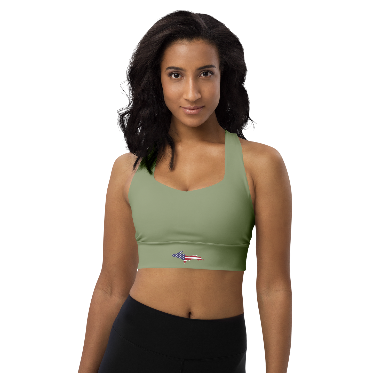 Michigan Upper Peninsula Longline Sports Bra (w/ UP USA Flag) | Beachgrass Green