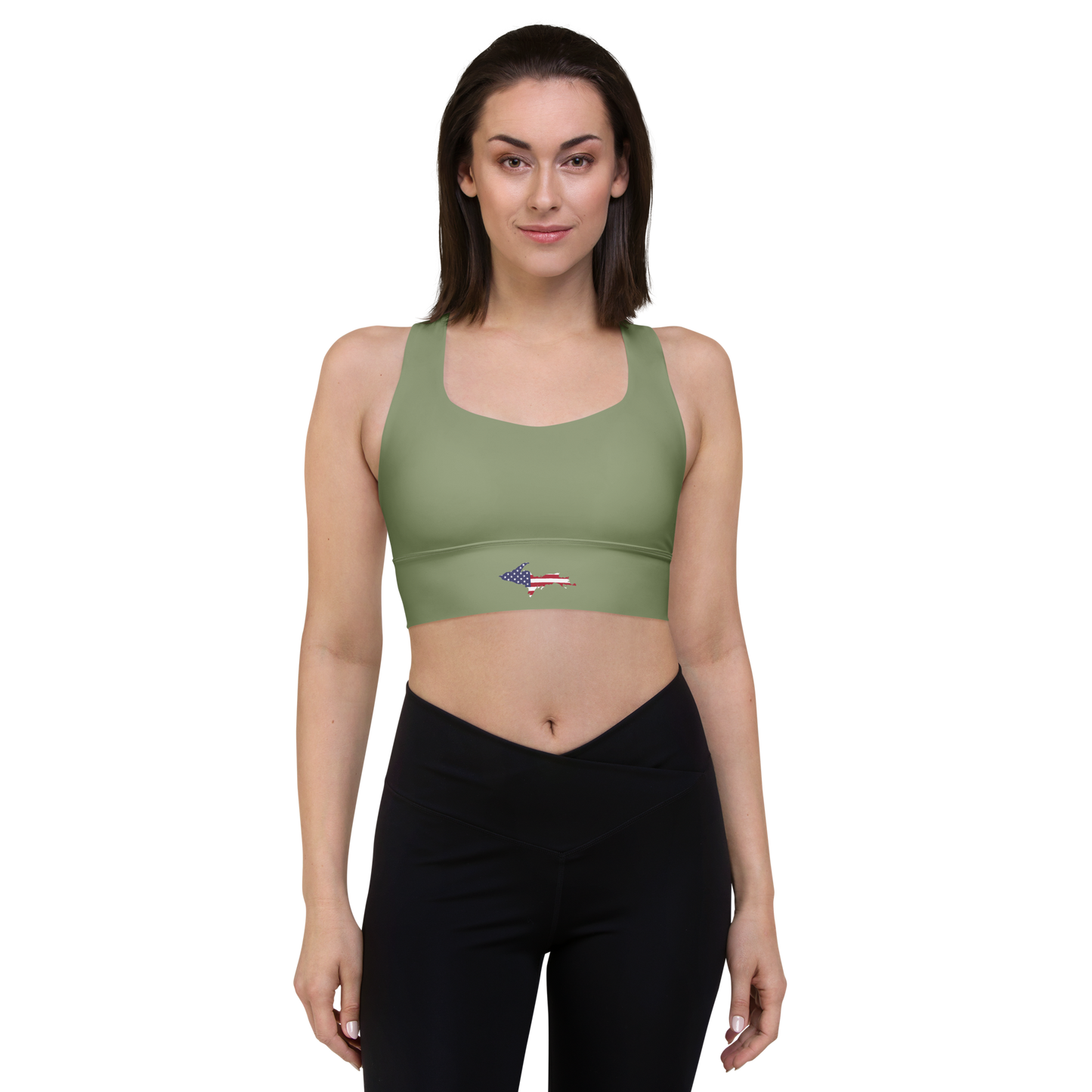 Michigan Upper Peninsula Longline Sports Bra (w/ UP USA Flag) | Beachgrass Green