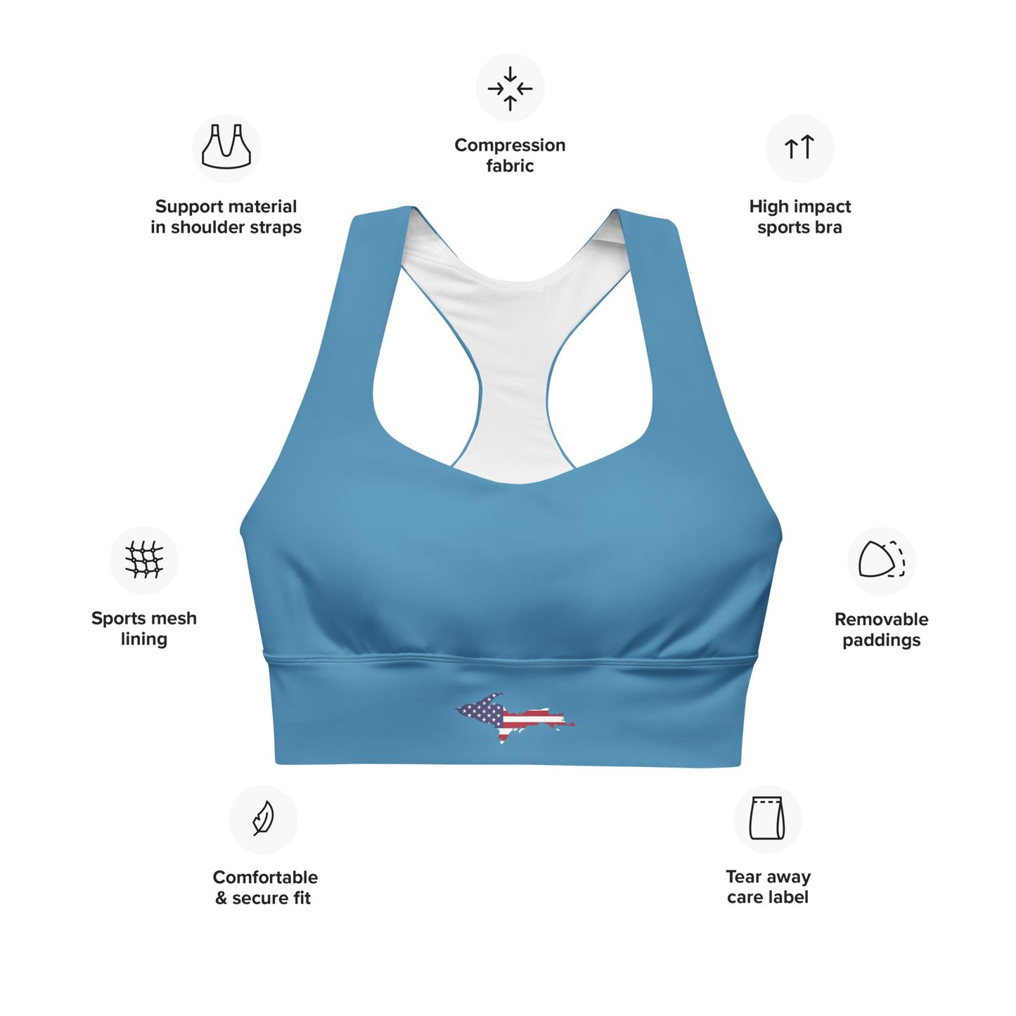 Michigan Upper Peninsula Longline Sports Bra (w/ UP USA Flag) | Lake Michigan Blue