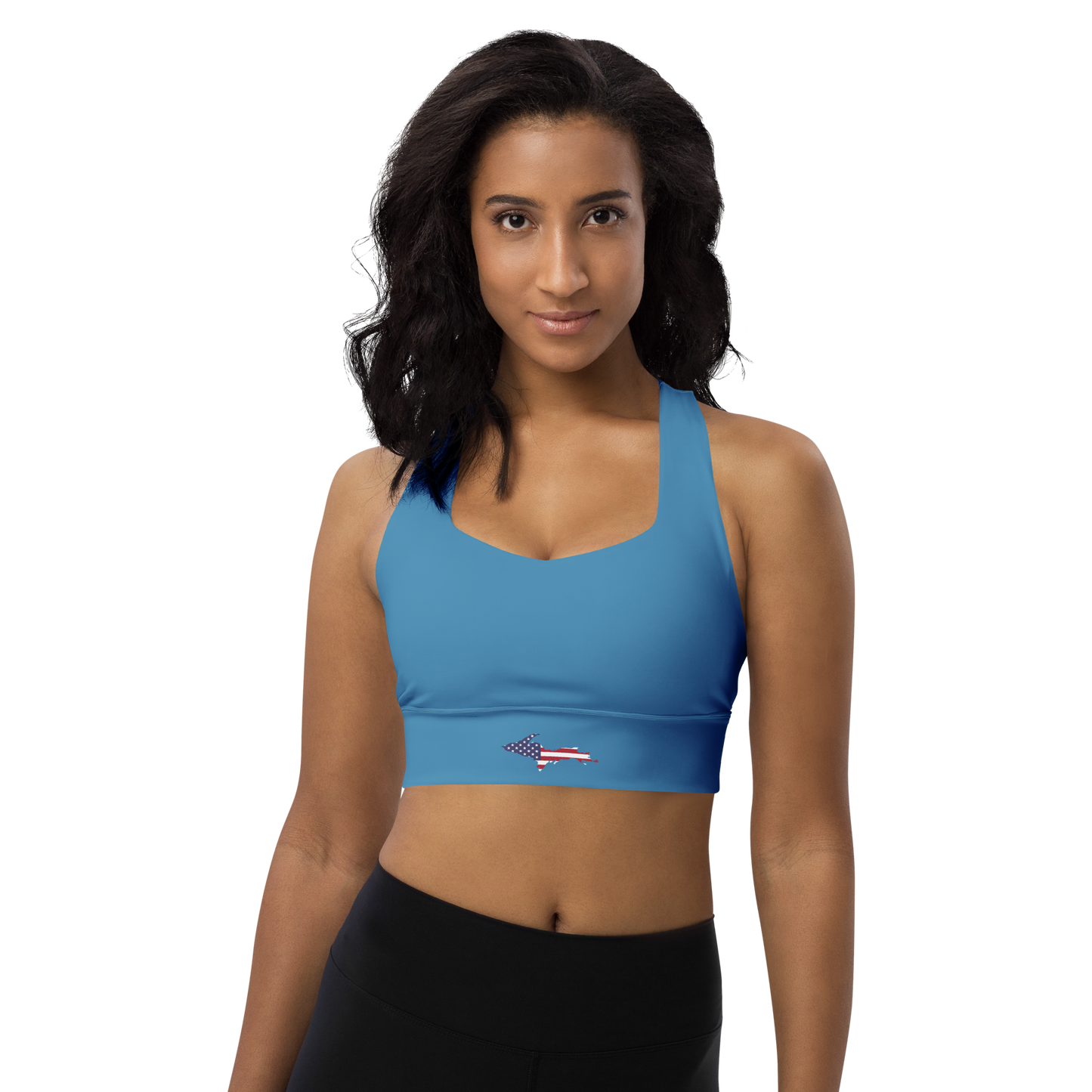 Michigan Upper Peninsula Longline Sports Bra (w/ UP USA Flag) | Lake Michigan Blue