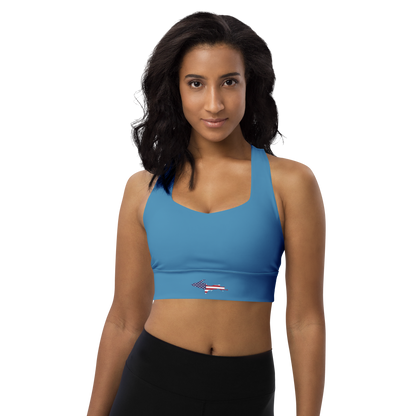 Michigan Upper Peninsula Longline Sports Bra (w/ UP USA Flag) | Lake Michigan Blue