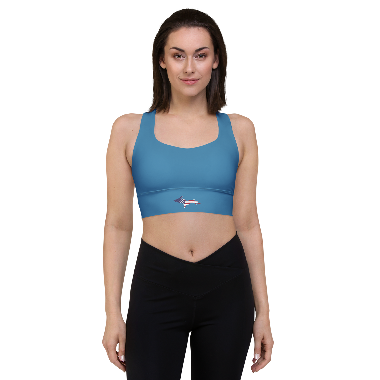 Michigan Upper Peninsula Longline Sports Bra (w/ UP USA Flag) | Lake Michigan Blue