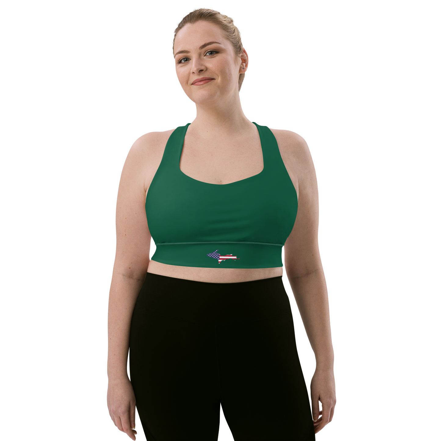 Michigan Upper Peninsula Longline Sports Bra (w/ UP USA Flag) | Superior Green