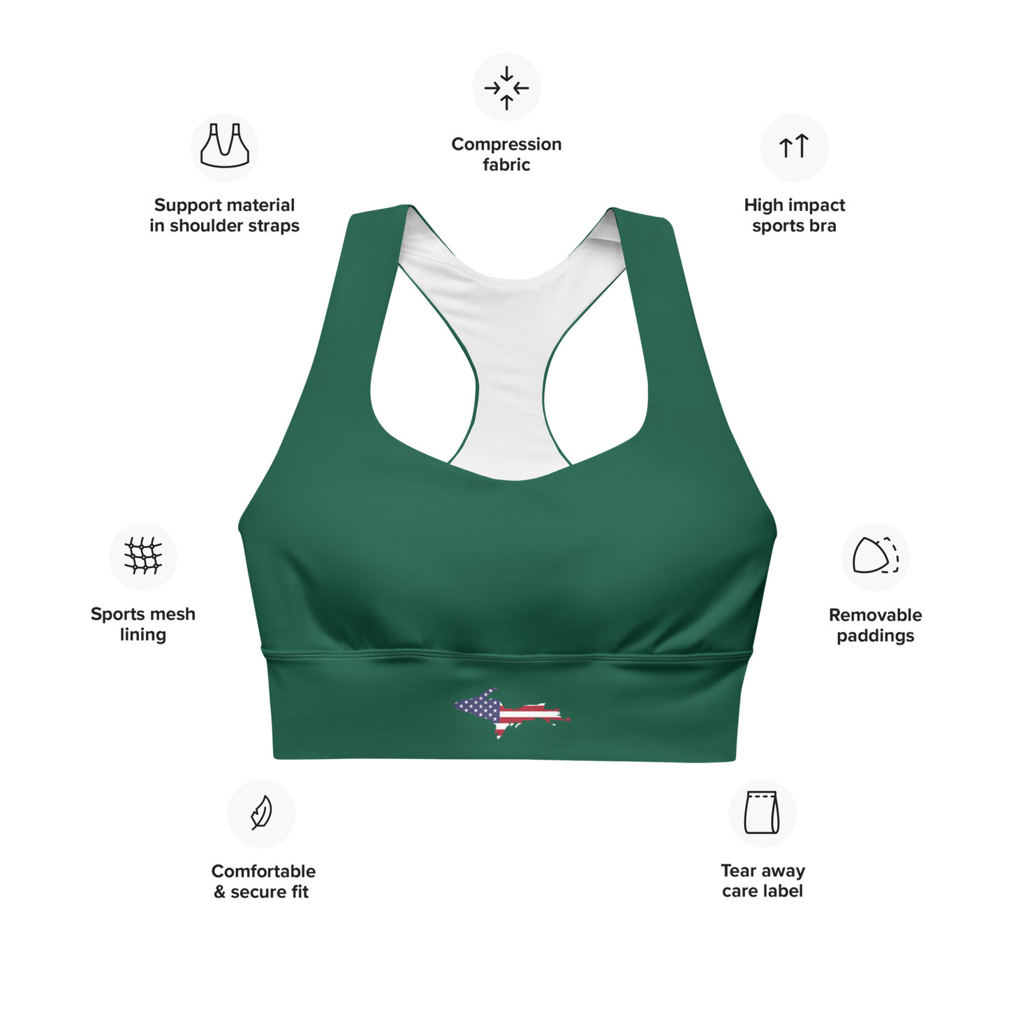 Michigan Upper Peninsula Longline Sports Bra (w/ UP USA Flag) | Superior Green