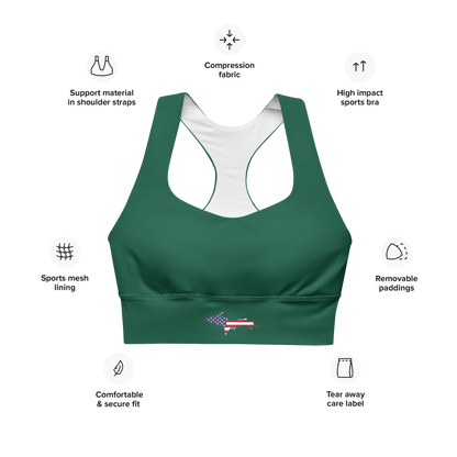 Michigan Upper Peninsula Longline Sports Bra (w/ UP USA Flag) | Superior Green