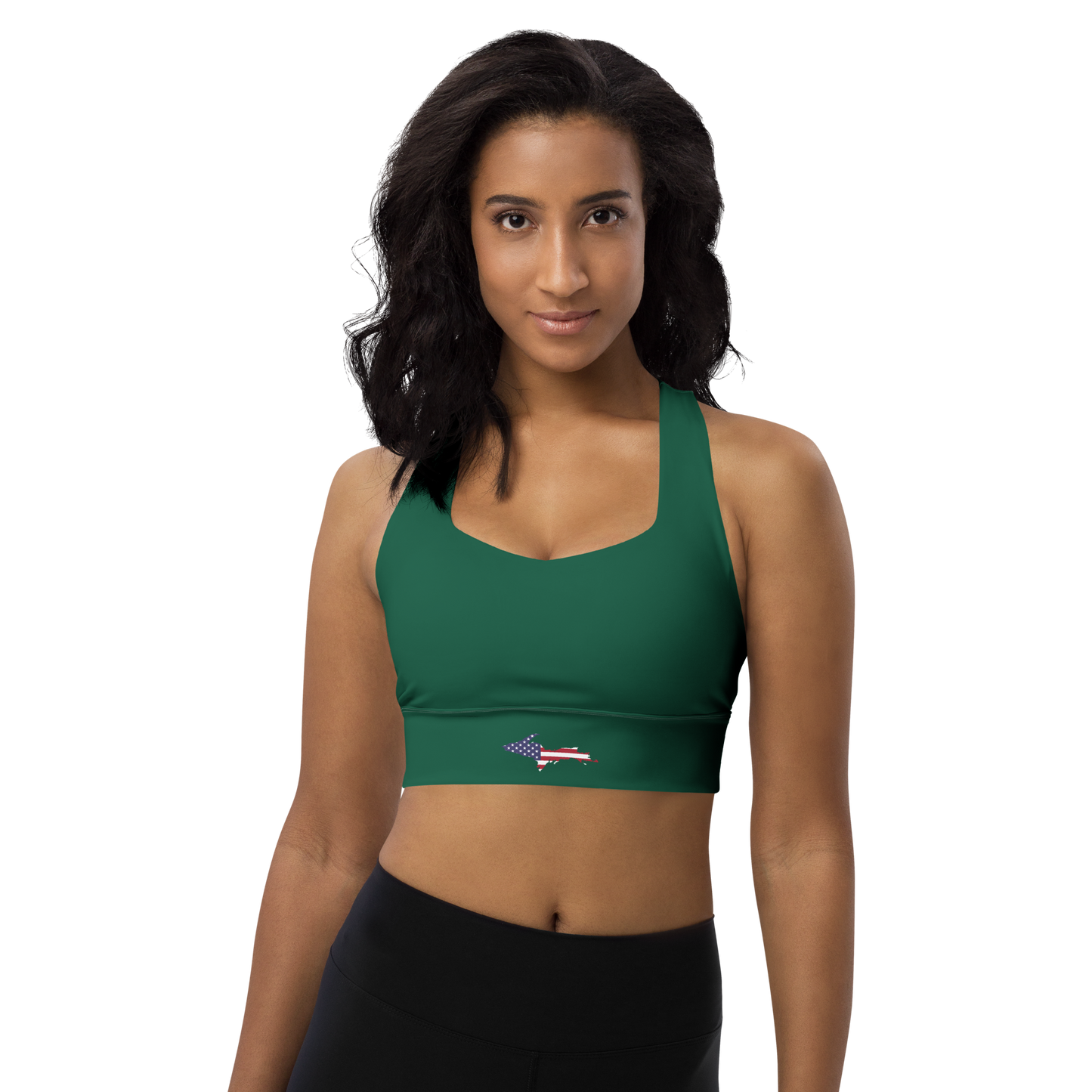 Michigan Upper Peninsula Longline Sports Bra (w/ UP USA Flag) | Superior Green