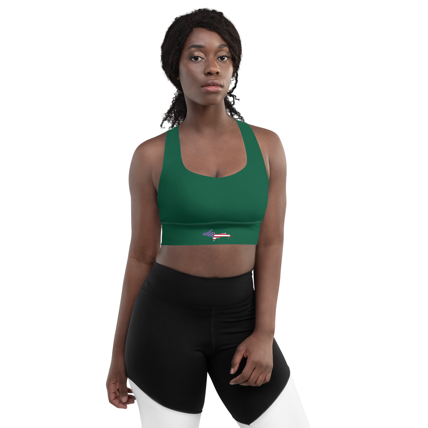 Michigan Upper Peninsula Longline Sports Bra (w/ UP USA Flag) | Superior Green