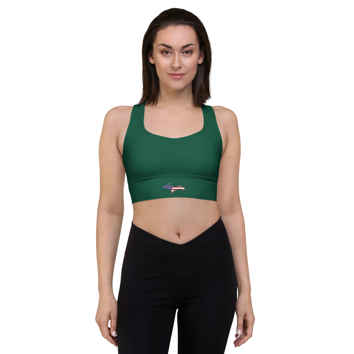 Michigan Upper Peninsula Longline Sports Bra (w/ UP USA Flag) | Superior Green