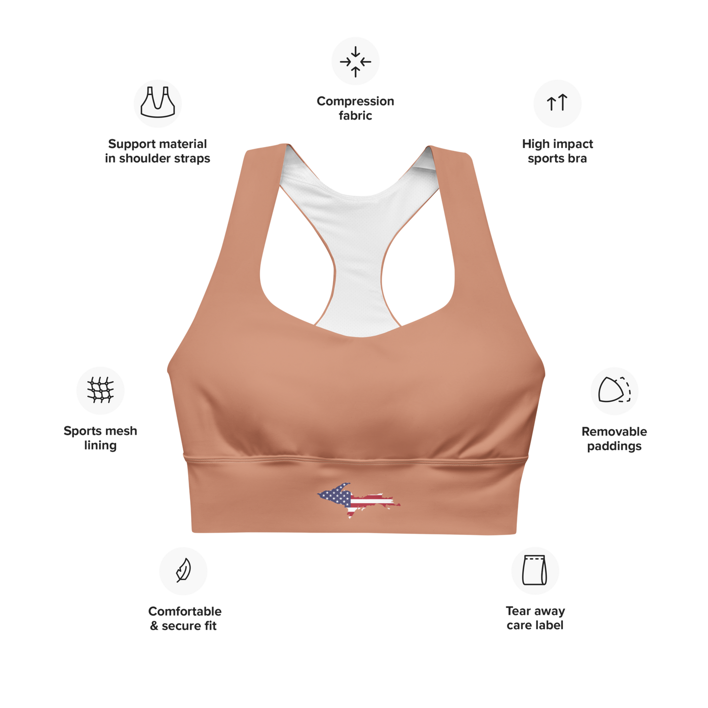 Michigan Upper Peninsula Longline Sports Bra (w/ UP USA Flag) | Copper Color