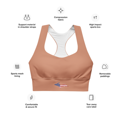 Michigan Upper Peninsula Longline Sports Bra (w/ UP USA Flag) | Copper Color