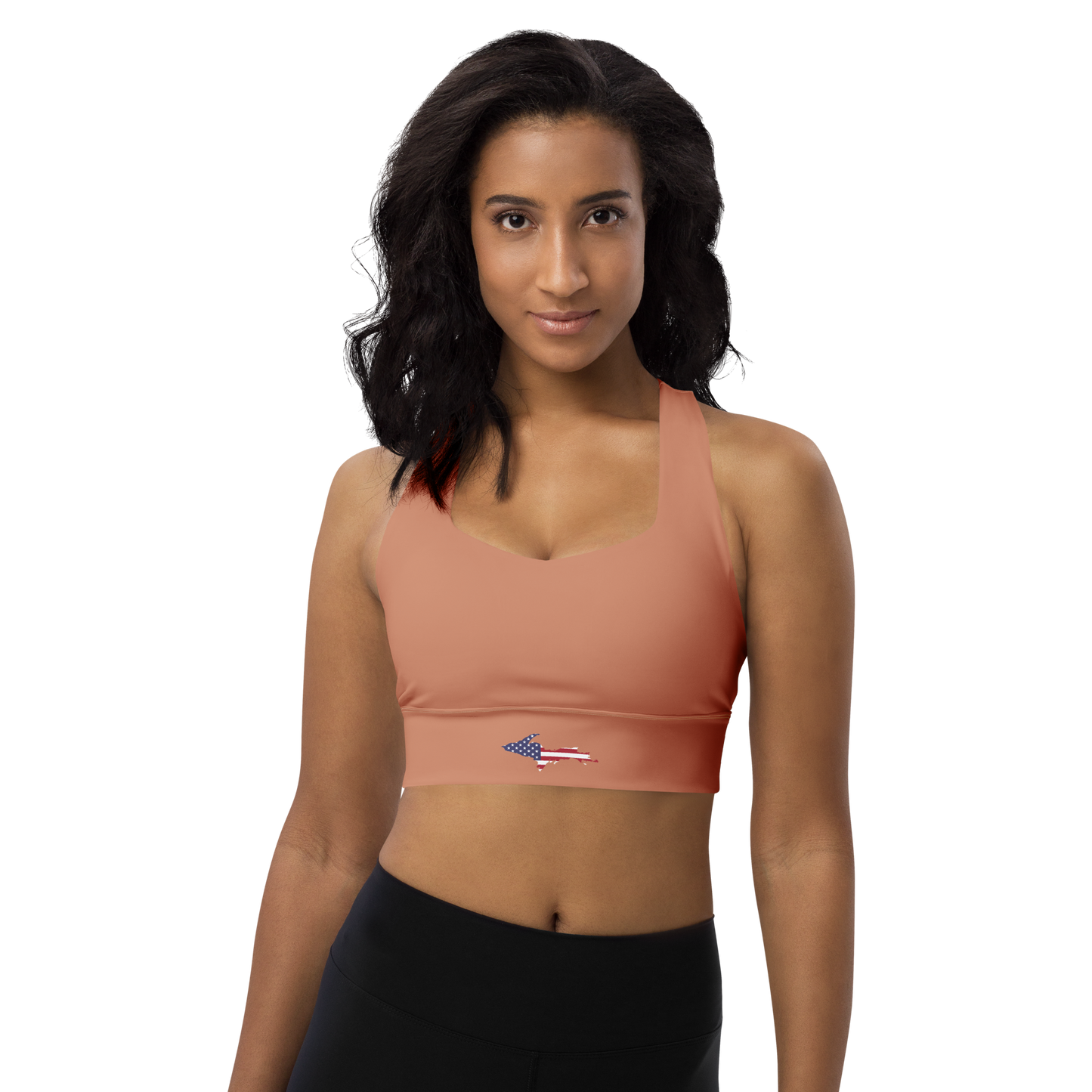 Michigan Upper Peninsula Longline Sports Bra (w/ UP USA Flag) | Copper Color