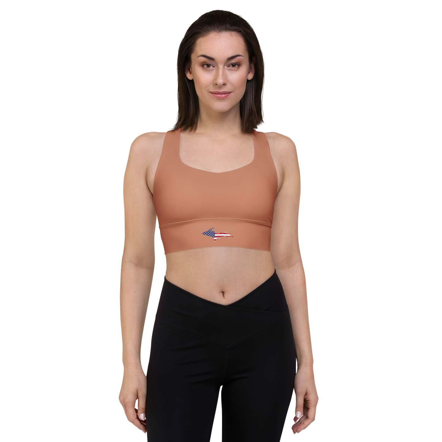 Michigan Upper Peninsula Longline Sports Bra (w/ UP USA Flag) | Copper Color