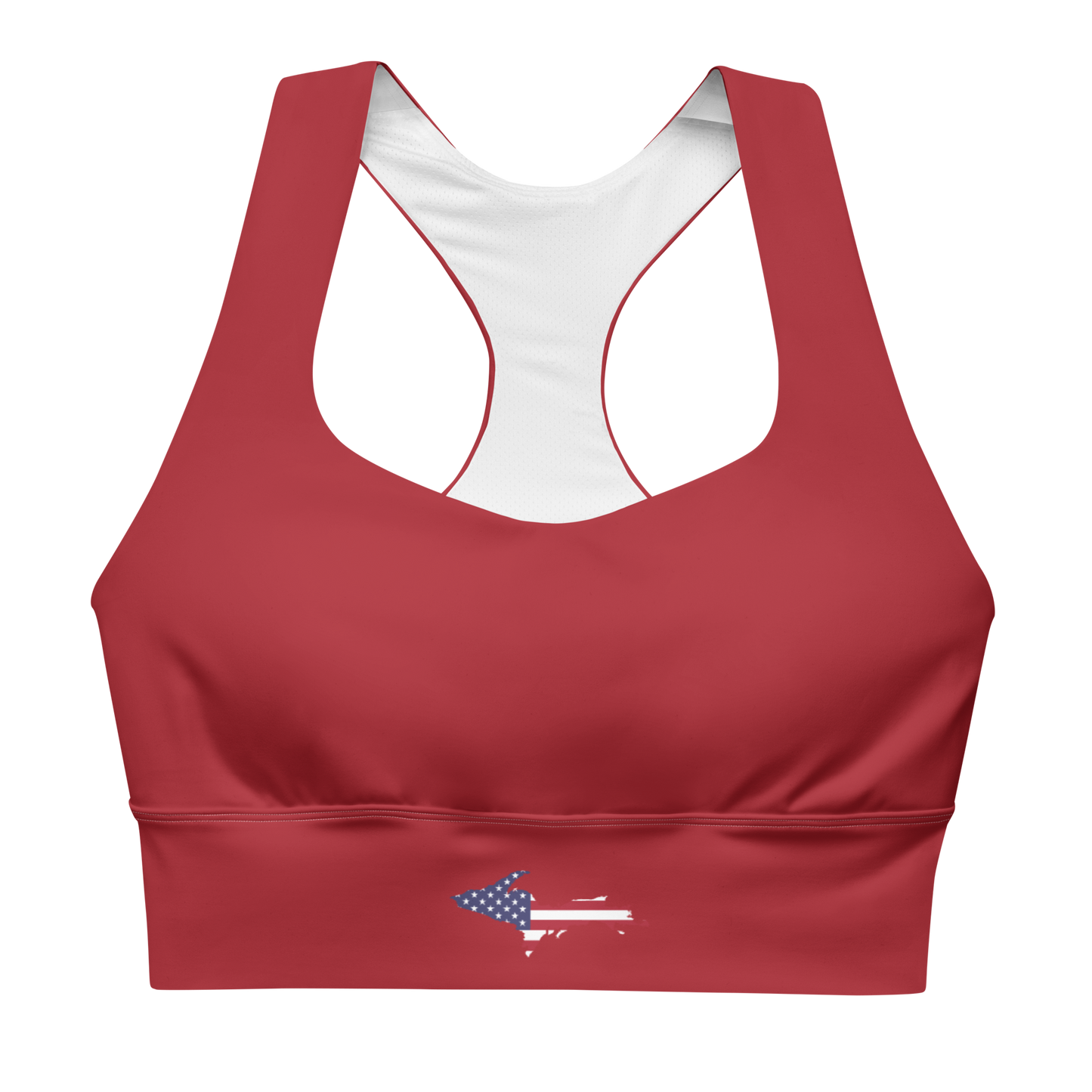 Michigan Upper Peninsula Longline Sports Bra (w/ UP USA Flag) | Thimbleberry Red