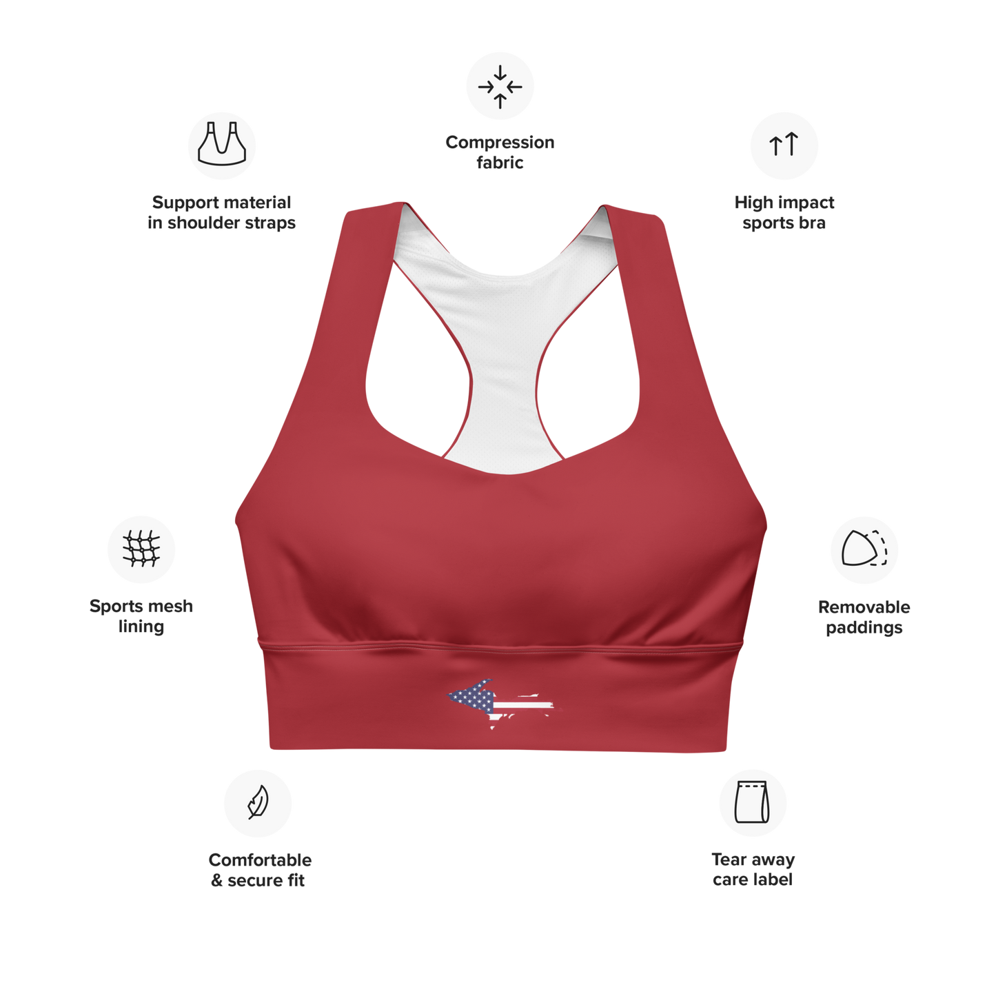 Michigan Upper Peninsula Longline Sports Bra (w/ UP USA Flag) | Thimbleberry Red