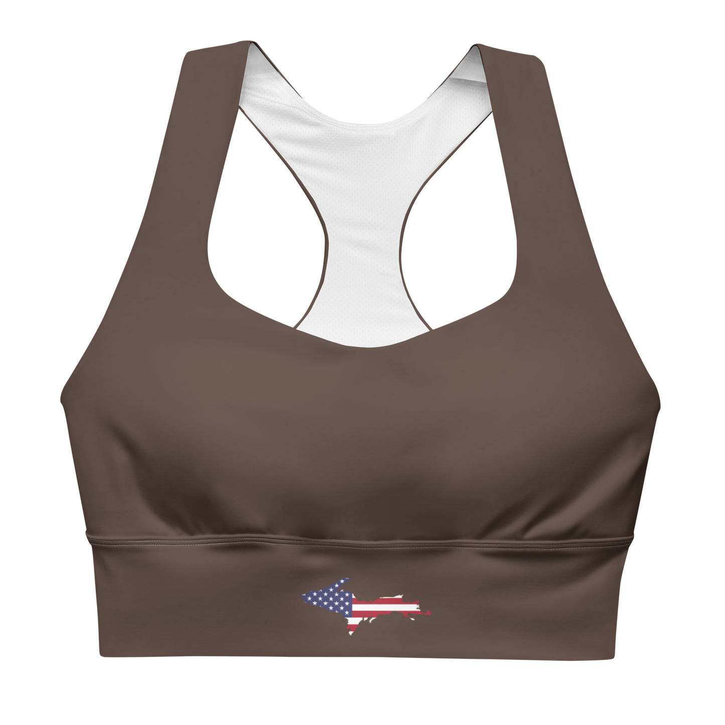 Michigan Upper Peninsula Longline Sports Bra (w/ UP USA Flag) | Hickory Color