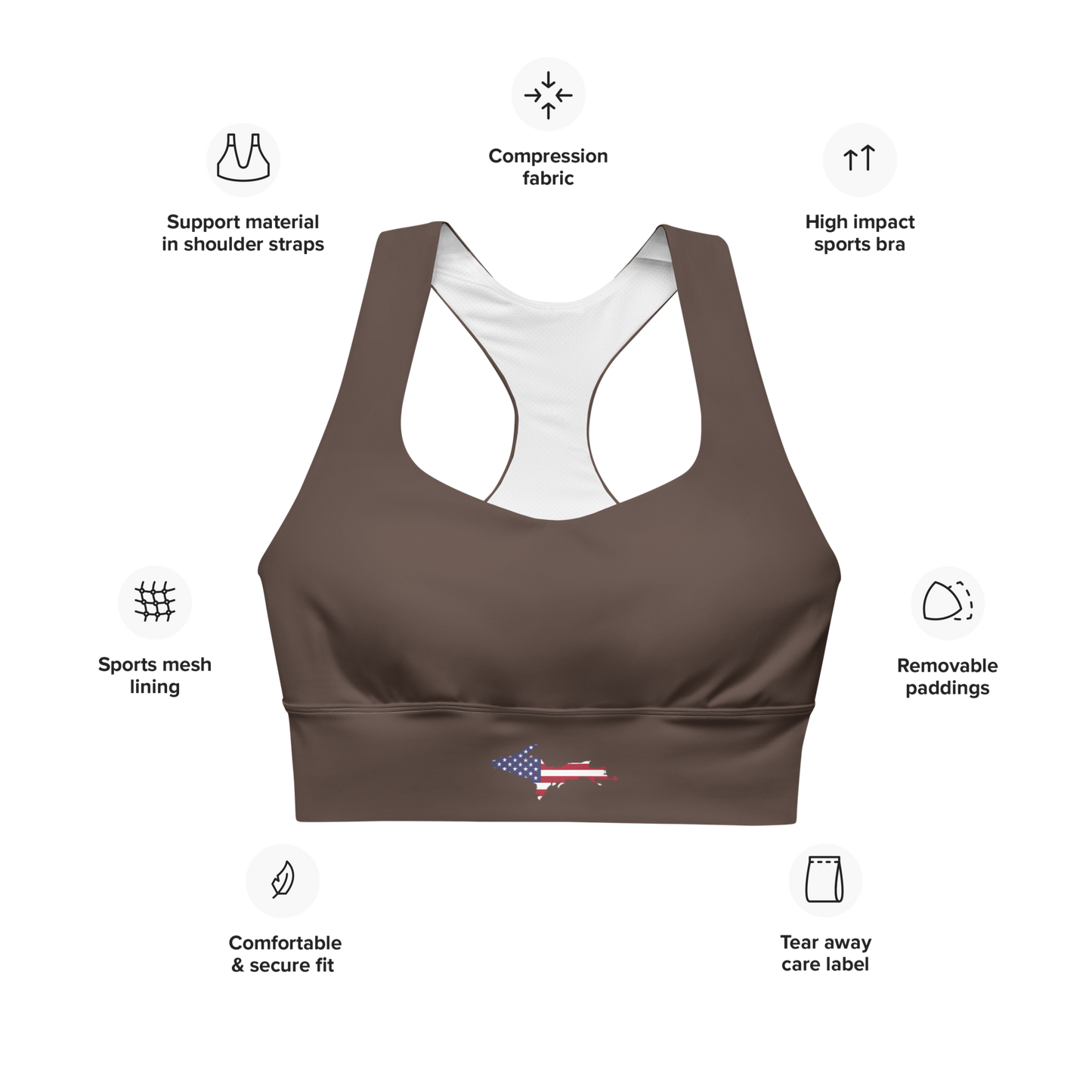 Michigan Upper Peninsula Longline Sports Bra (w/ UP USA Flag) | Hickory Color