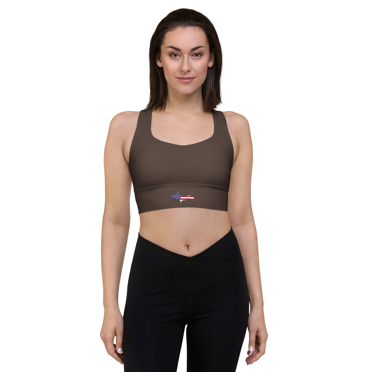 Michigan Upper Peninsula Longline Sports Bra (w/ UP USA Flag) | Hickory Color