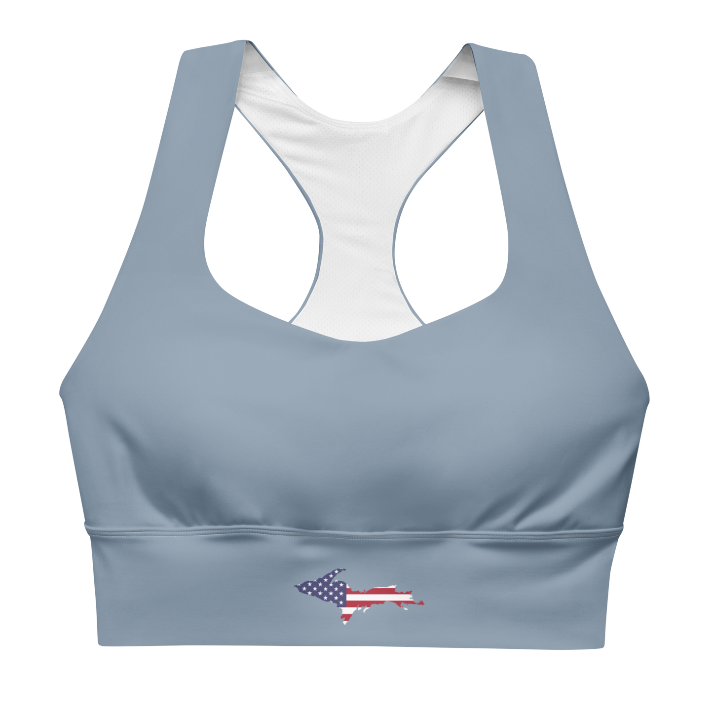 Michigan Upper Peninsula Longline Sports Bra (w/ UP USA Flag) | B-24 Grey