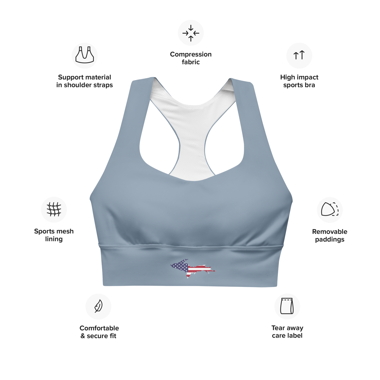 Michigan Upper Peninsula Longline Sports Bra (w/ UP USA Flag) | B-24 Grey