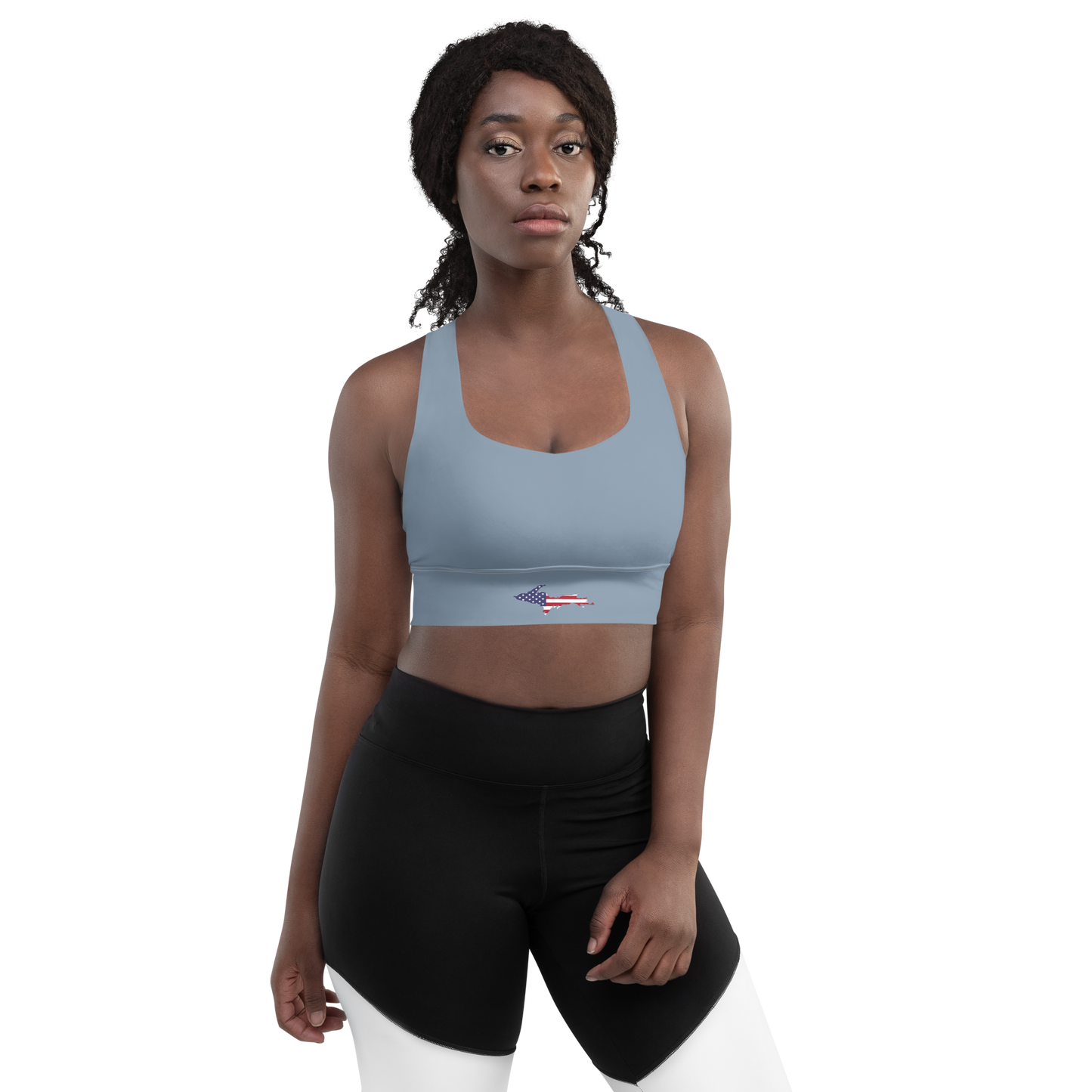 Michigan Upper Peninsula Longline Sports Bra (w/ UP USA Flag) | B-24 Grey