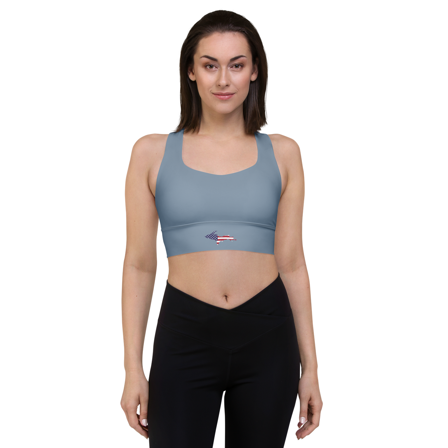 Michigan Upper Peninsula Longline Sports Bra (w/ UP USA Flag) | B-24 Grey