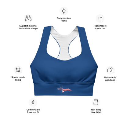 Michigan Upper Peninsula Longline Sports Bra (w/ UP USA Flag) | Dearborn Blue