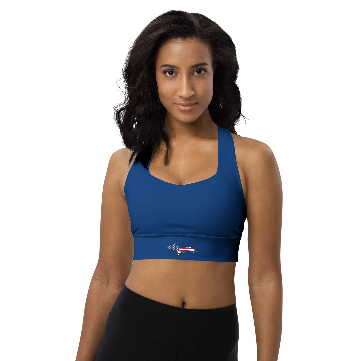 Michigan Upper Peninsula Longline Sports Bra (w/ UP USA Flag) | Dearborn Blue