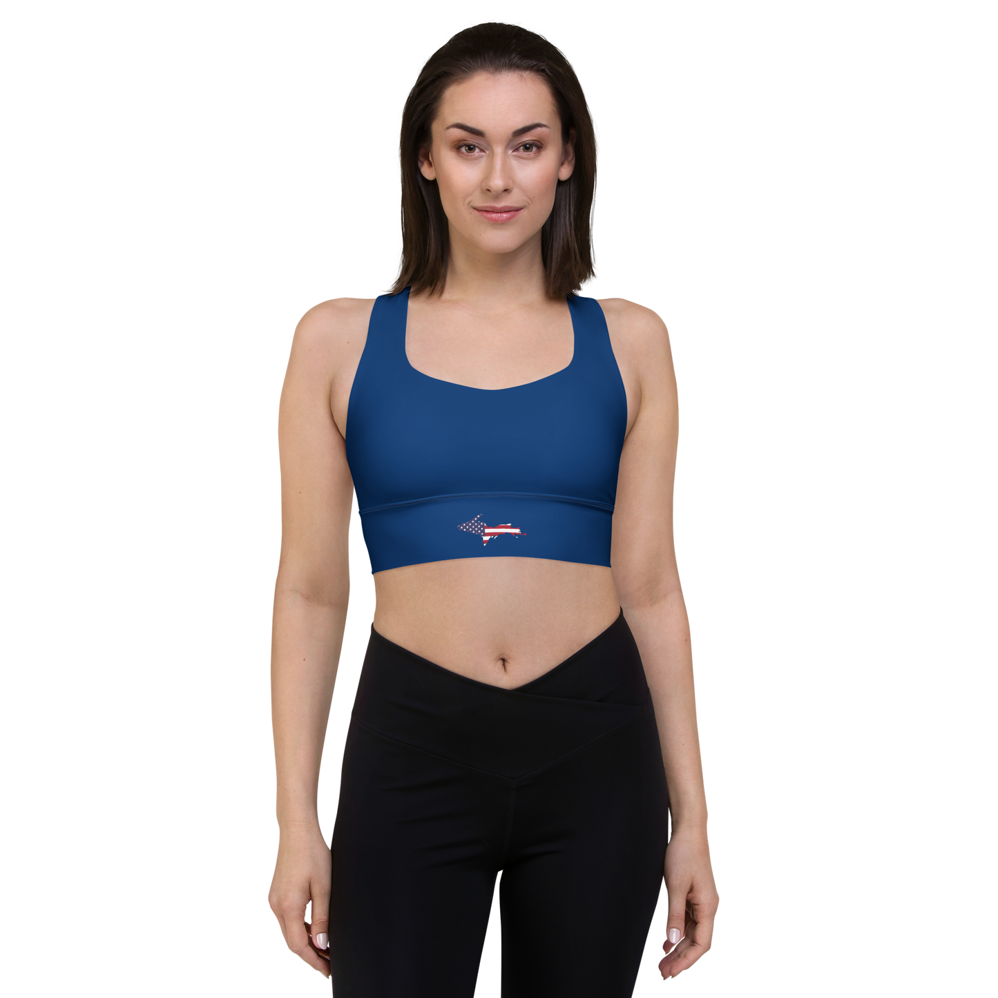 Michigan Upper Peninsula Longline Sports Bra (w/ UP USA Flag) | Dearborn Blue