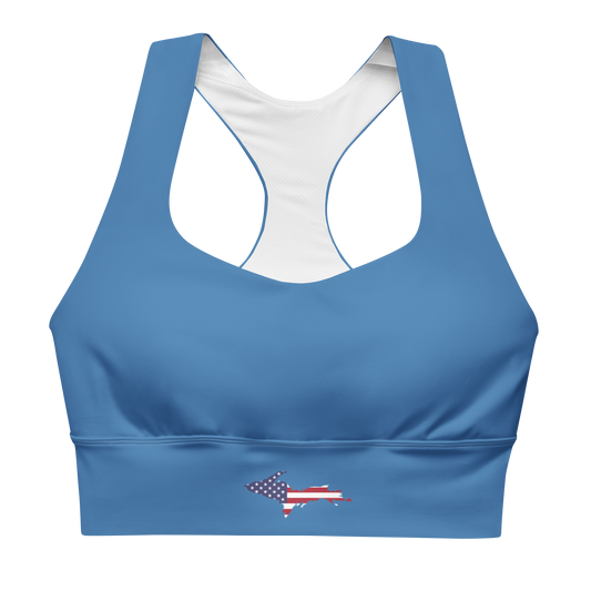 Michigan Upper Peninsula Longline Sports Bra (w/ UP USA Flag) | Lake Superior Blue