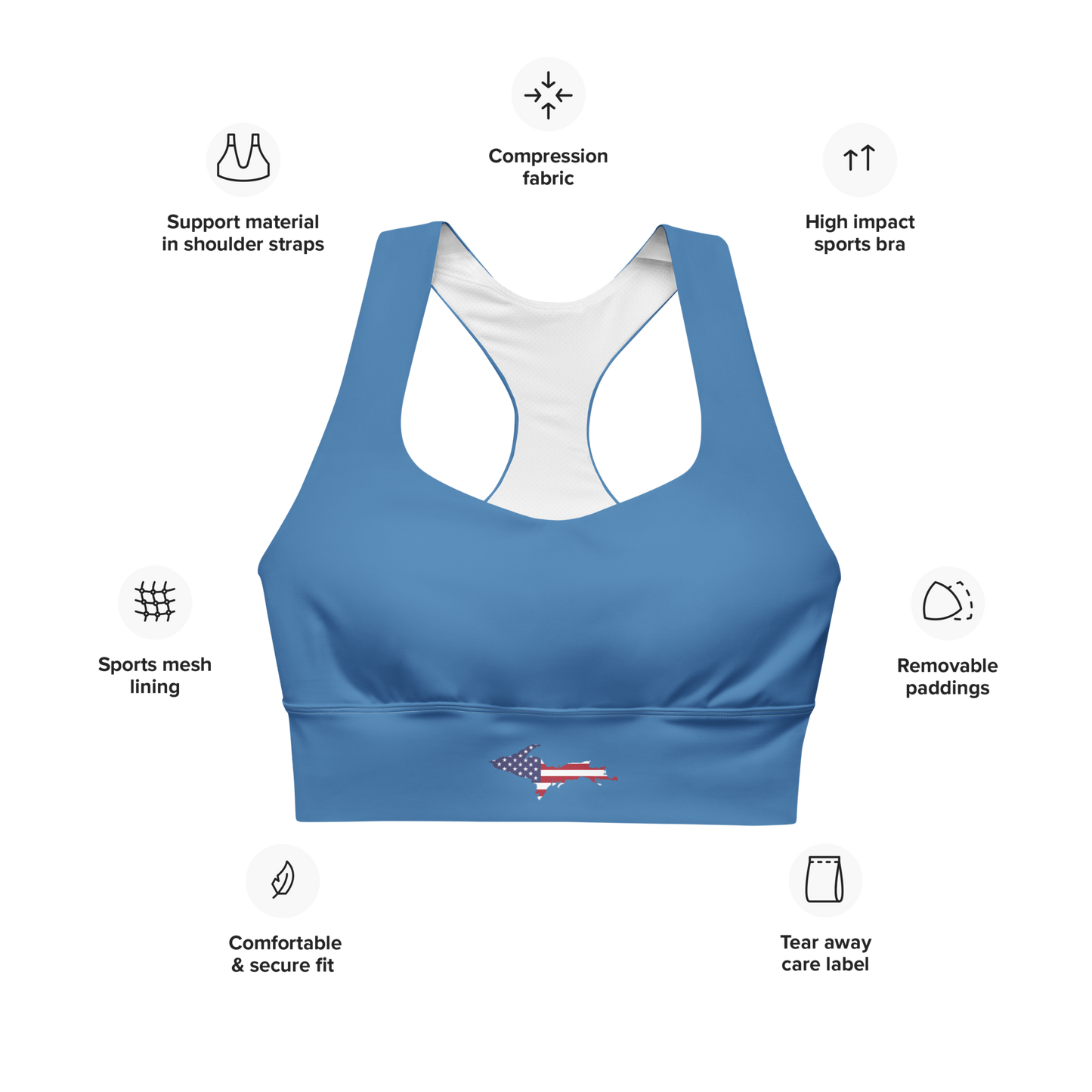 Michigan Upper Peninsula Longline Sports Bra (w/ UP USA Flag) | Lake Superior Blue