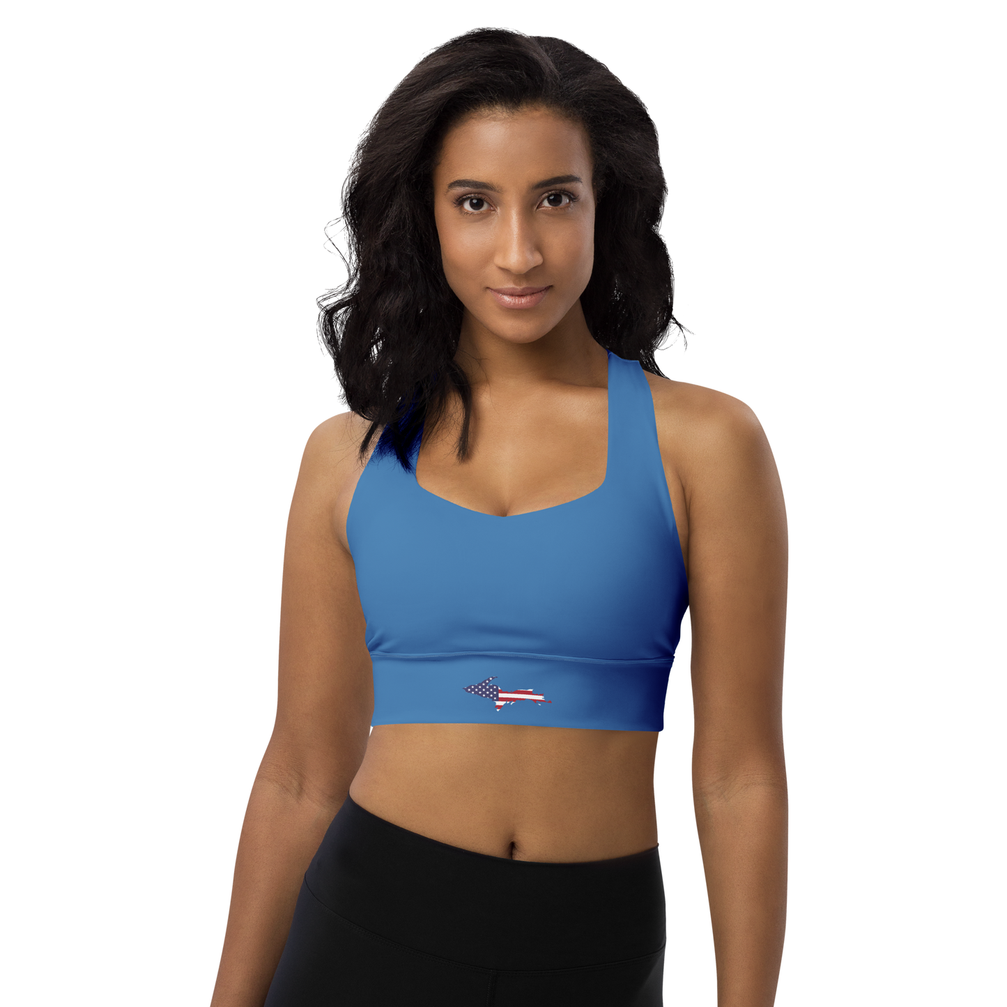 Michigan Upper Peninsula Longline Sports Bra (w/ UP USA Flag) | Lake Superior Blue