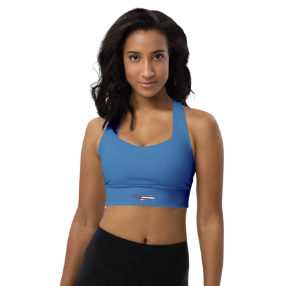 Michigan Upper Peninsula Longline Sports Bra (w/ UP USA Flag) | Lake Superior Blue