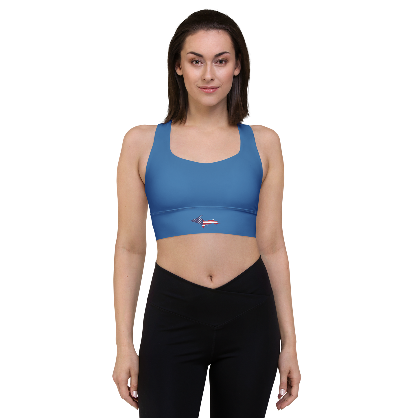 Michigan Upper Peninsula Longline Sports Bra (w/ UP USA Flag) | Lake Superior Blue