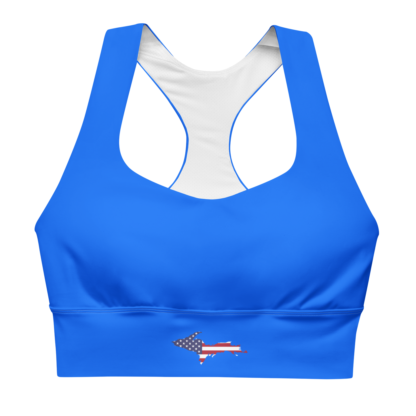 Michigan Upper Peninsula Longline Sports Bra (w/ UP USA Flag) | Motor Town Blue