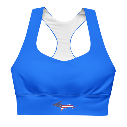 Michigan Upper Peninsula Longline Sports Bra (w/ UP USA Flag) | Motor Town Blue