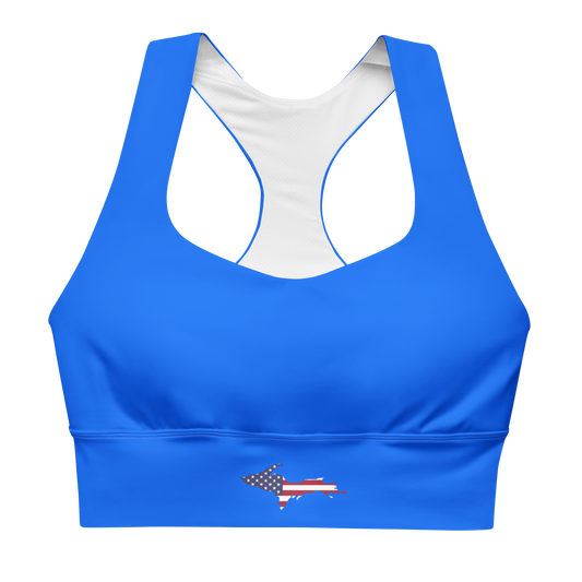 Michigan Upper Peninsula Longline Sports Bra (w/ UP USA Flag) | Motor Town Blue