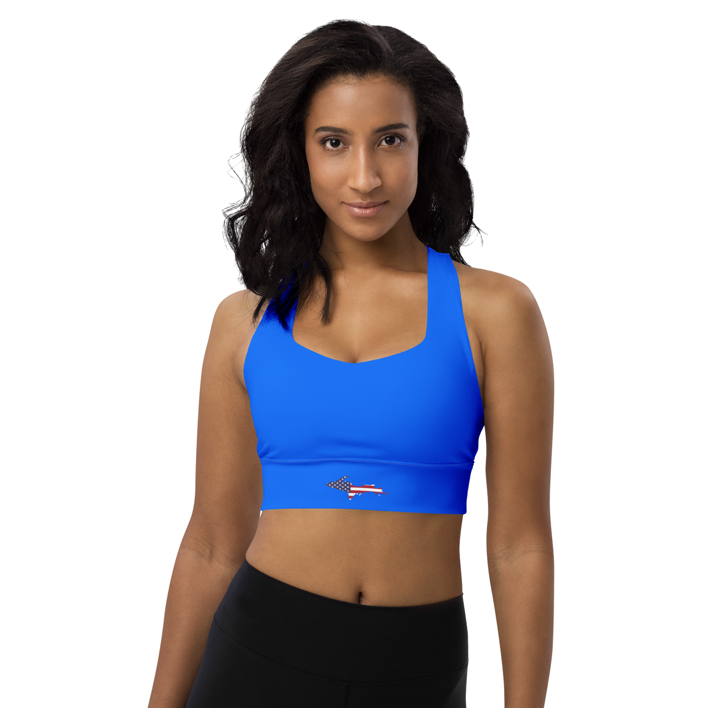 Michigan Upper Peninsula Longline Sports Bra (w/ UP USA Flag) | Motor Town Blue