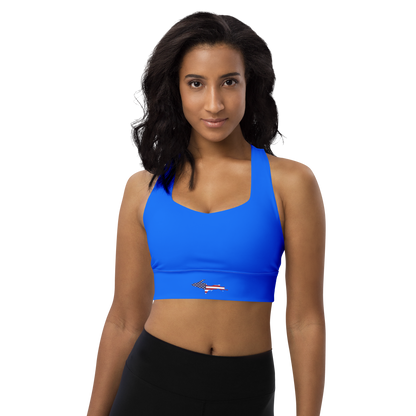 Michigan Upper Peninsula Longline Sports Bra (w/ UP USA Flag) | Motor Town Blue