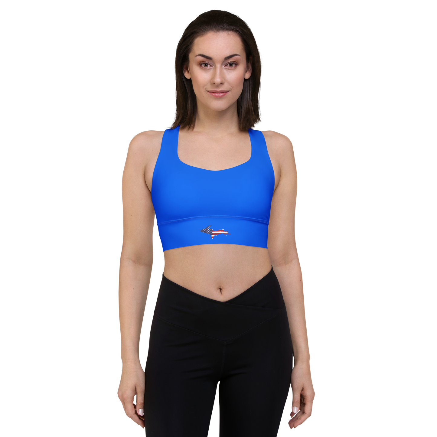 Michigan Upper Peninsula Longline Sports Bra (w/ UP USA Flag) | Motor Town Blue