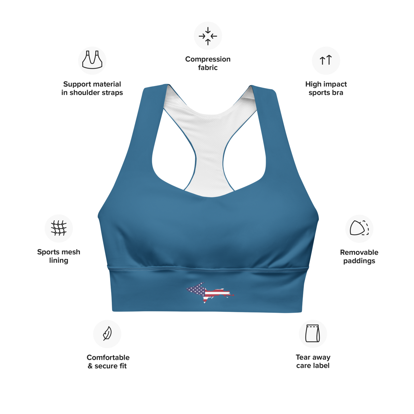 Michigan Upper Peninsula Longline Sports Bra (w/ UP USA Flag) | Blueberry