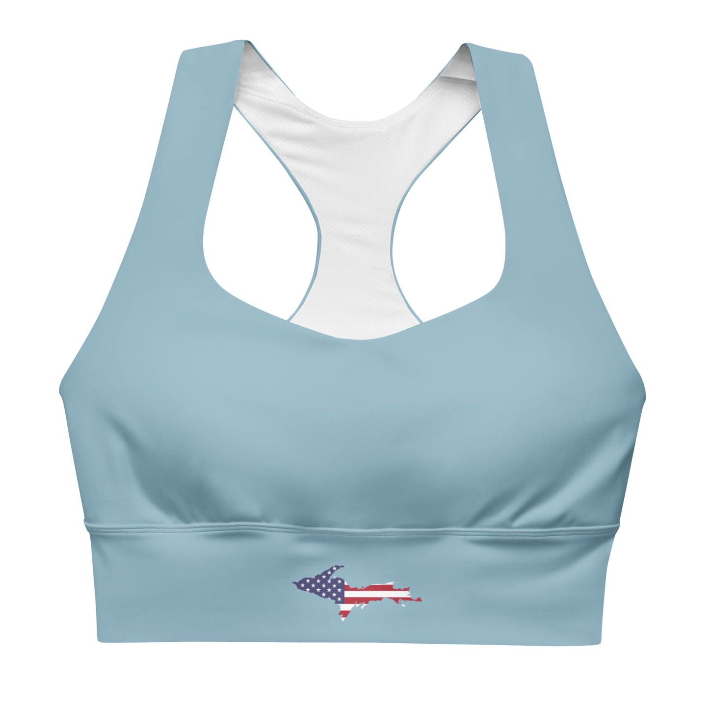 Michigan Upper Peninsula Longline Sports Bra (w/ UP USA Flag) | I Opal Blue