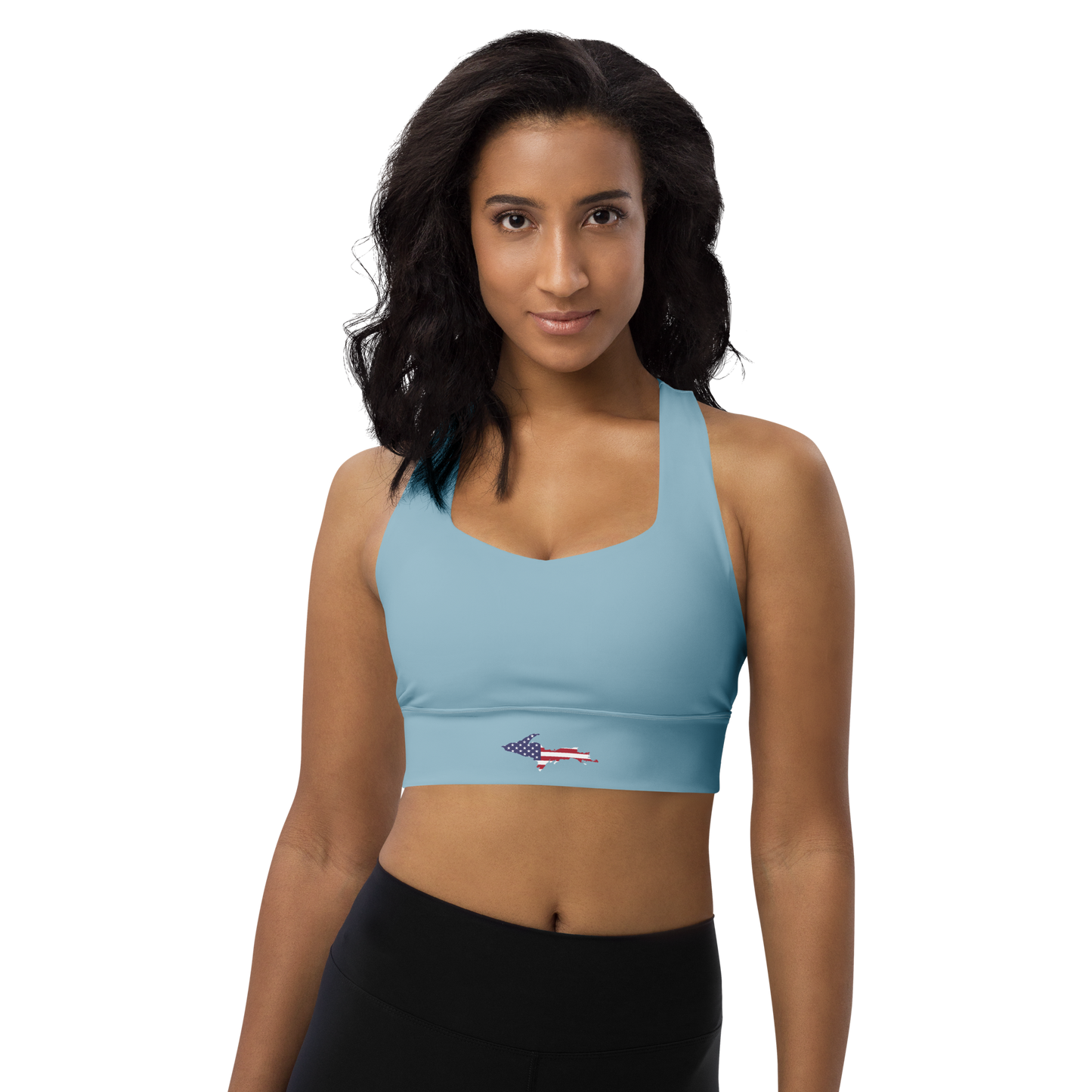 Michigan Upper Peninsula Longline Sports Bra (w/ UP USA Flag) | I Opal Blue