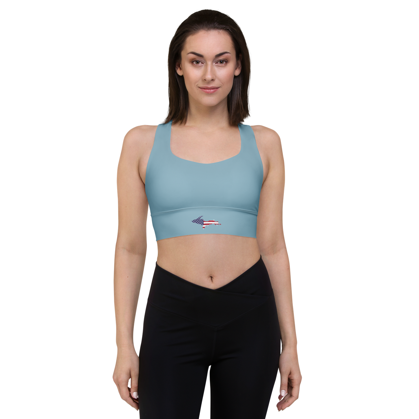 Michigan Upper Peninsula Longline Sports Bra (w/ UP USA Flag) | I Opal Blue