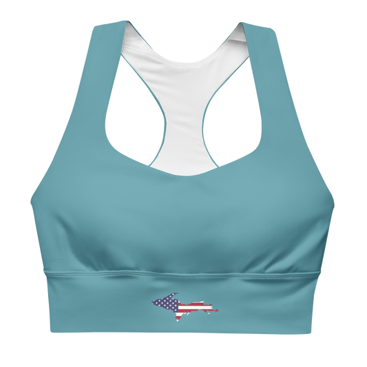 Michigan Upper Peninsula Longline Sports Bra (w/ UP USA Flag) | Lake Huron Blue