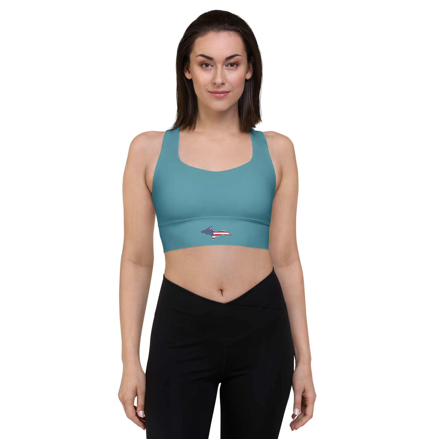 Michigan Upper Peninsula Longline Sports Bra (w/ UP USA Flag) | Lake Huron Blue